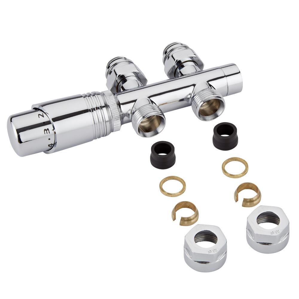 Milano Chrome H Block Straight Valve With Chrome Trv 15mm Copper Adapters