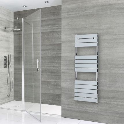 Milano x ECOSO Lustro - Electric Designer Chrome Flat Panel Heated Towel Rail - Choice of Size, Heating Element and Cable Cover