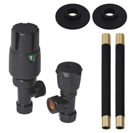 Milano - Modern Black Thermostatic Angled Radiator Valve and Pipe Set