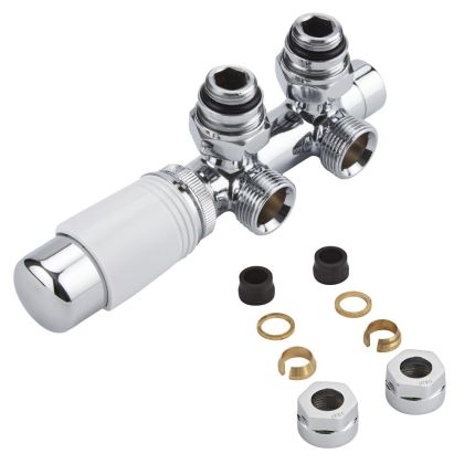 Milano - Chrome H Block Angled Valve with White TRV Head & 15mm Copper Adapters