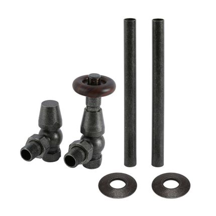 Milano Windsor - Traditional Thermostatic Angled Radiator Valve and Pipe Set - Pewter