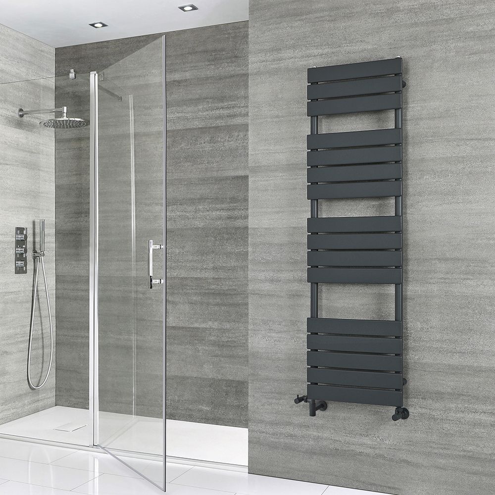 Milano Lustro Dual Fuel - Designer Anthracite Flat Panel Heated Towel Rail - Choice of Size and Cable Cover Option