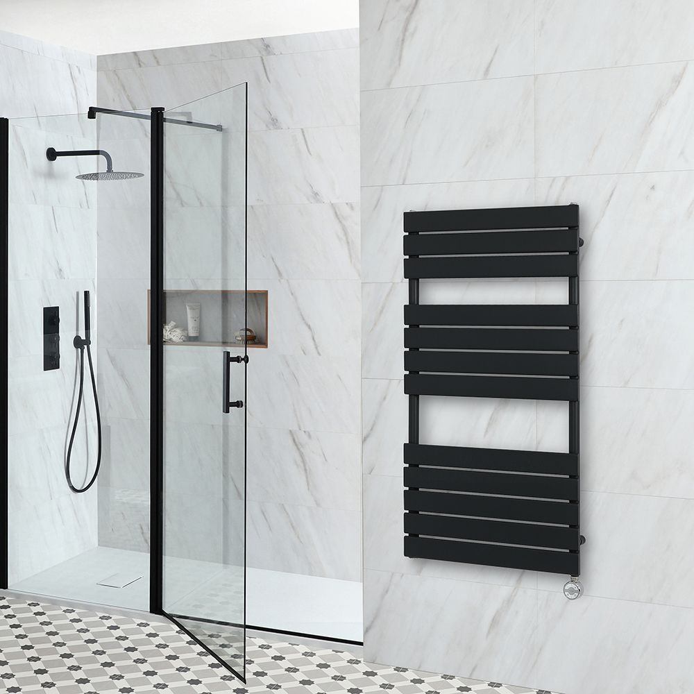 Milano Lustro Electric - Designer Black Flat Panel Heated Towel Rail - 1200mm x 600mm