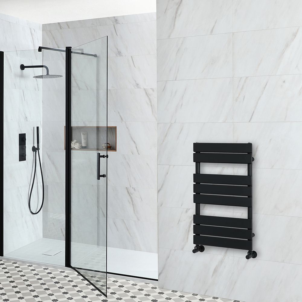 Milano Lustro - Designer Black Flat Panel Heated Towel Rail - 825mm x 450mm