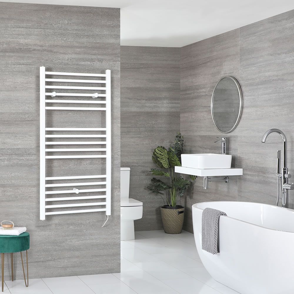 Milano Ive Electric - Straight White Heated Towel Rail 1200mm x 600mm