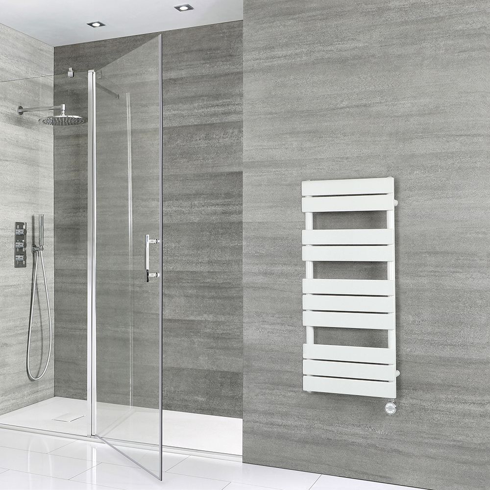 Milano Lustro Electric - Designer White Flat Panel Heated Towel Rail - 975mm x 450mm