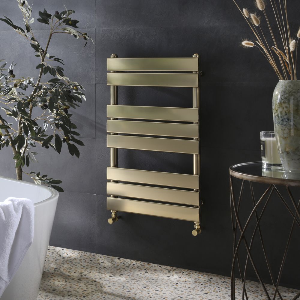 Milano Lustro - Designer Brushed Brass Flat Panel Heated Towel Rail 800mm x 500mm
