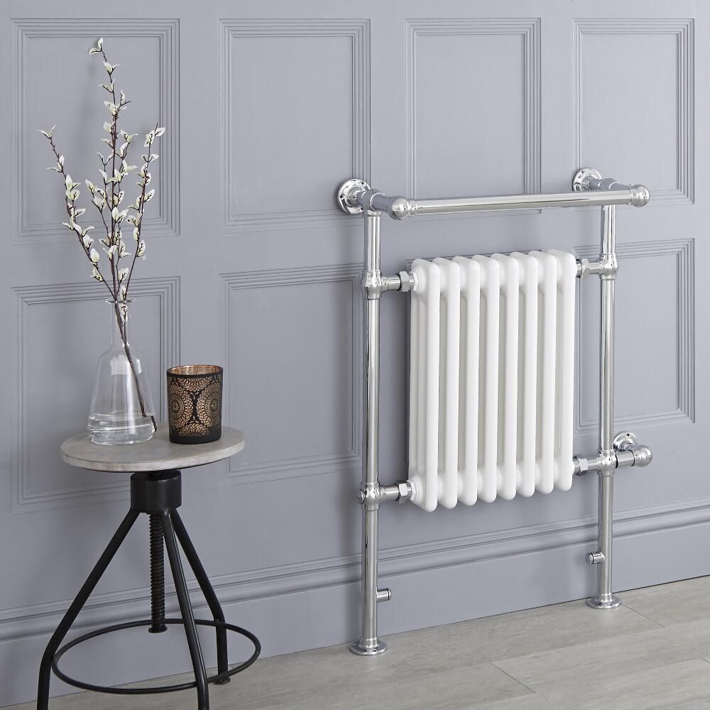 Milano Elizabeth - White and Chrome Traditional Electric Heated Towel Rail - 930mm x 620mm (With Overhanging Rail)
