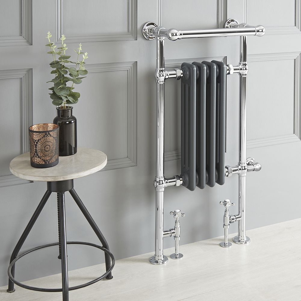 Milano Elizabeth - Anthracite Traditional Dual Fuel Heated Towel Rail - 930mm x 450mm (With Overhanging Rail) - Choice of Wi-Fi Thermostat and Cable Cover