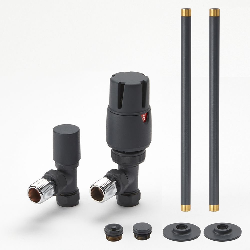 Milano - Modern Thermostatic Angled Radiator Valve and Pipe Set - Anthracite