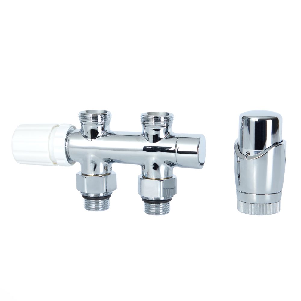 Chrome H Block Straight Valve with Chrome TRV & 15mm Copper Adapters