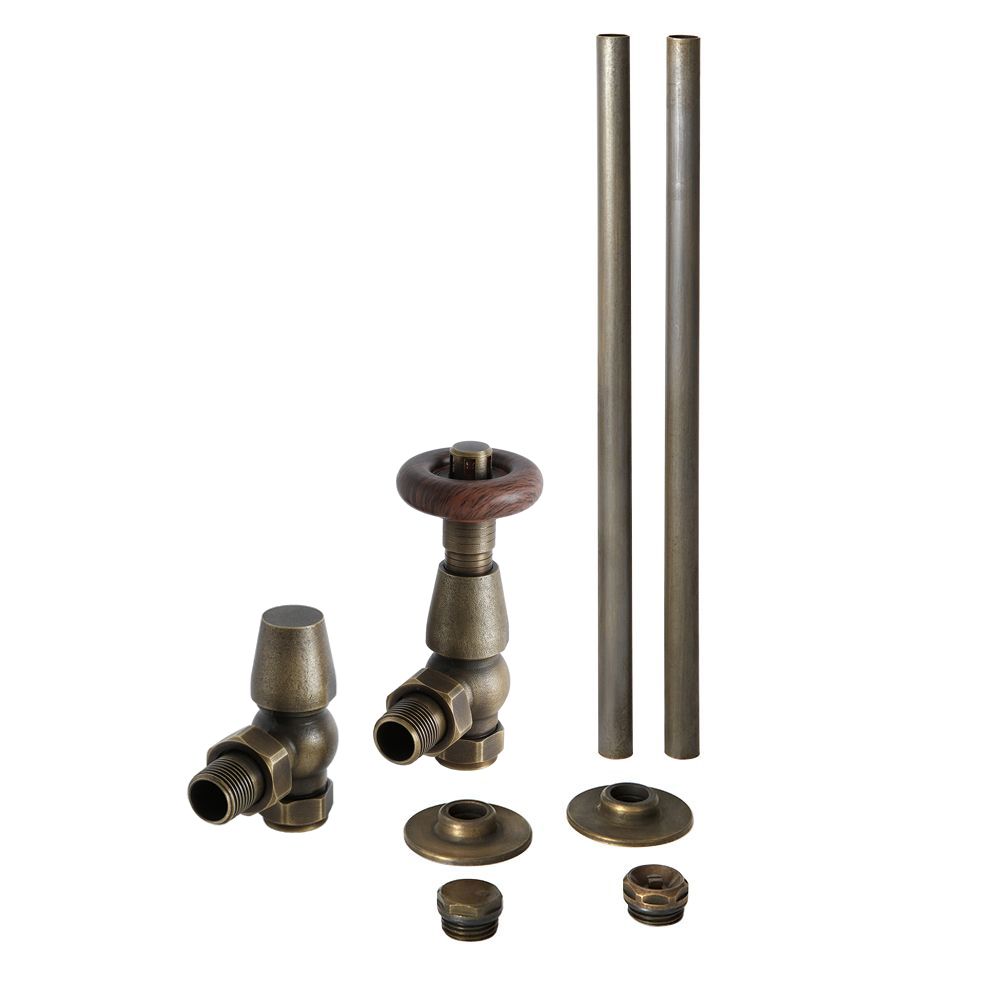 Milano Windsor - Traditional Thermostatic Angled Radiator Valve and Pipe Set Brass