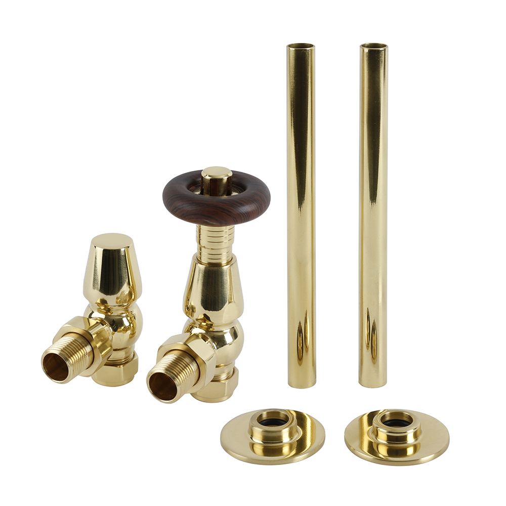 Milano Windsor - Traditional Thermostatic Angled Radiator Valve and Pipe Set - Polished Brass
