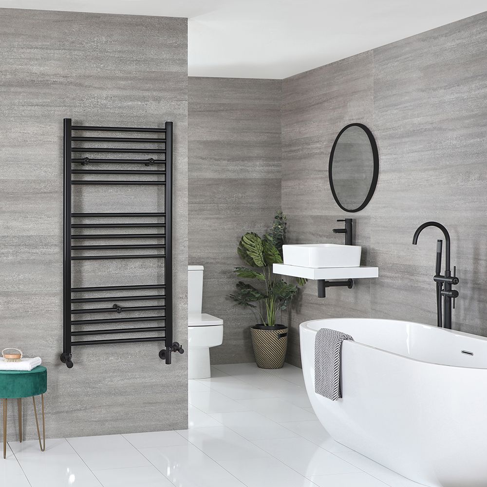 Milano Nero - Matt Black Dual Fuel Straight Heated Towel Rail 1200mm x 500mm