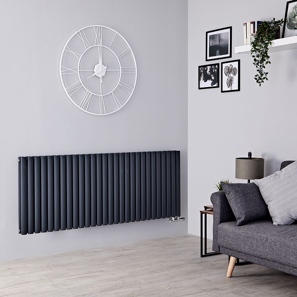 Milano Aruba Flow - Anthracite Horizontal Double Panel Side Connection Designer Radiator 635mm x 1652mm