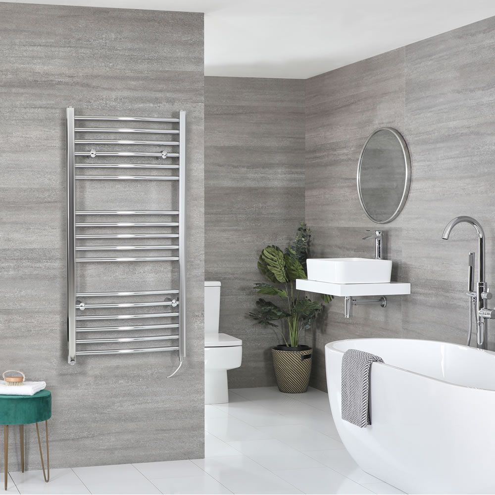 Milano Kent Electric - Curved Chrome Heated Towel Rail 1200mm x 500mm