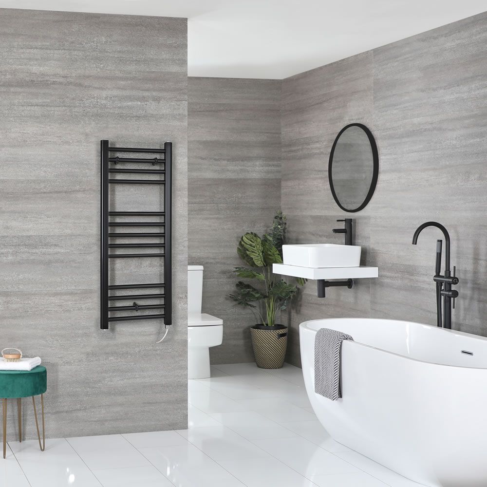Milano Nero Electric - Straight Matt Black Heated Towel Rail 1000mm x 400mm
