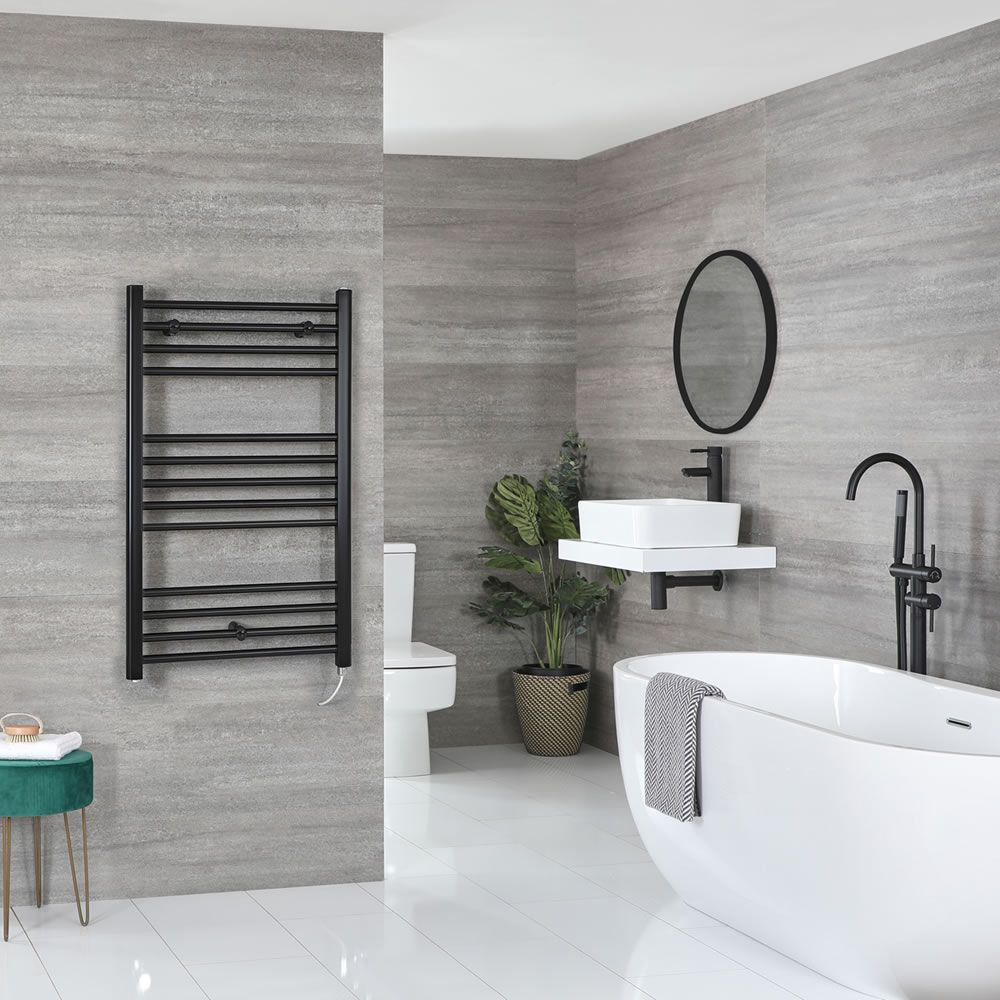 Milano Nero Electric - Straight Matt Black Heated Towel Rail 1000mm x 500mm