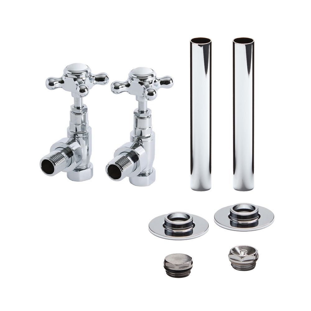 Milano - Chrome Traditional Angled Radiator Valve and Pipe Sleeve Set