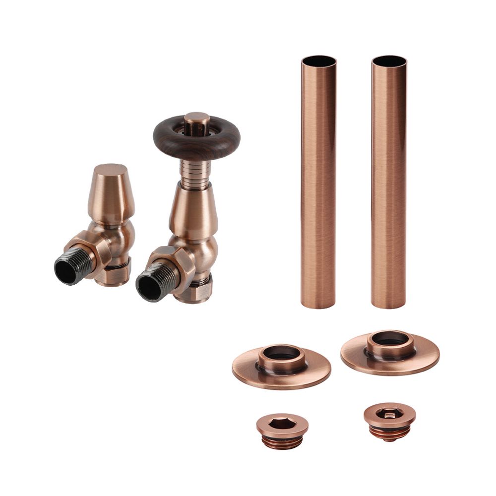 Milano Windsor - Traditional Thermostatic Angled Radiator Valve and Pipe Sleeve Set - Choice of Finish