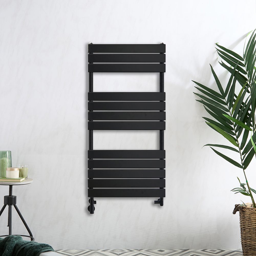 Milano Lustro Dual Fuel - Designer Black Flat Panel Heated Towel Rail - Various Sizes and Cable Cover Option