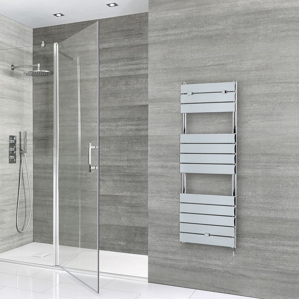 Milano x ECOSO Lustro - Electric Designer Chrome Flat Panel Heated Towel Rail - Choice of Size, Heating Element and Cable Cover