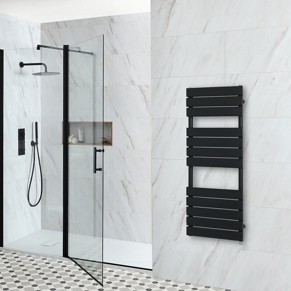 Milano x ECOSO Lustro - Electric Designer Black Flat Panel Heated Towel Rail - Choice of Size, Heating Element and Cable Cover