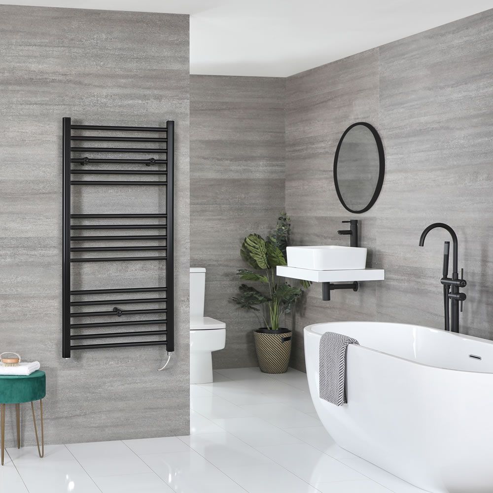 Milano Kent Electric - Straight Black Heated Towel Rail - Choice of Size and Element
