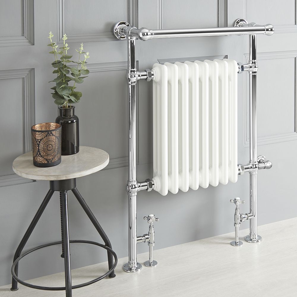 Milano Elizabeth - White Traditional Dual Fuel Heated Towel Rail - 930mm x 620mm (With Overhanging Rail) - Choice of Wi-Fi Thermostat and Cable Cover