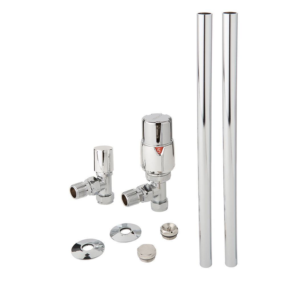 Milano - Modern Thermostatic Angled Radiator Valve and Pipe Set - Chrome