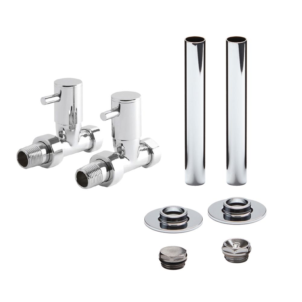 Milano - Chrome Minimalist Straight Radiator Valve and Pipe Sleeve Set