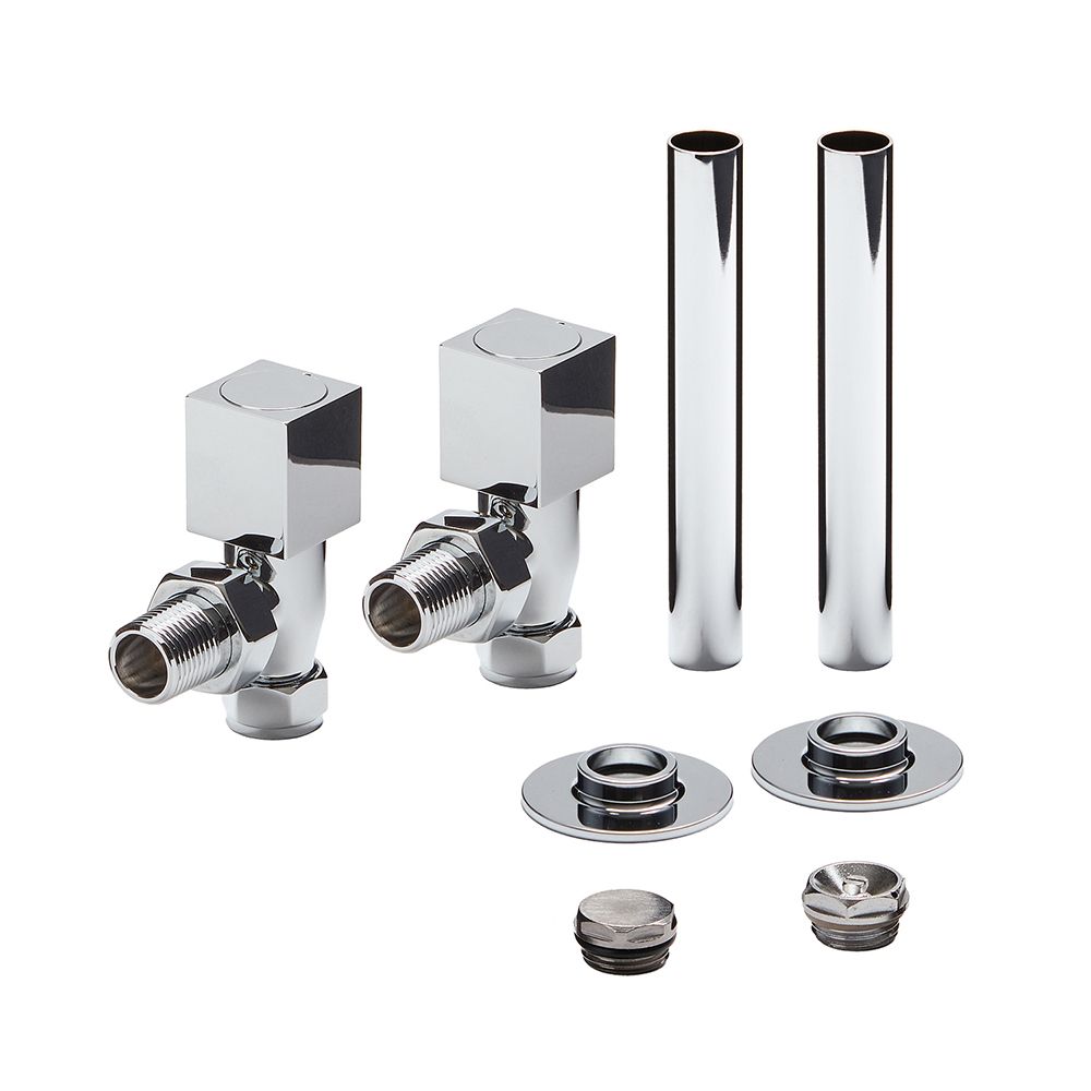 Milano - Modern Square Angled Radiator Valve and Pipe Sleeve Set - Choice of Finish