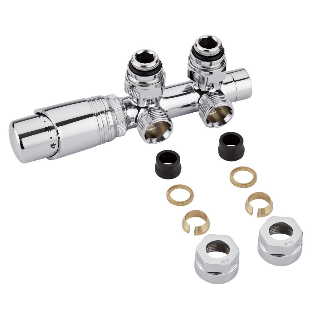 Chrome H Block Angled Valve with Chrome TRV Head & 15mm Copper Adapter