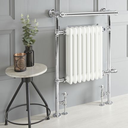 Milano Elizabeth - White Traditional Dual Fuel Heated Towel Rail - 930mm x 620mm (With Overhanging Rail) - Choice of Wi-Fi Thermostat and Cable Cover
