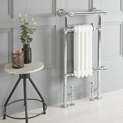 Milano Elizabeth - White Traditional Dual Fuel Heated Towel Rail - 930mm x 450mm (With Overhanging Rail) - Choice of Wi-Fi Thermostat and Cable Cover