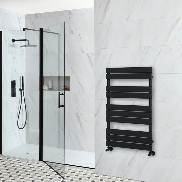 Milano Lustro - Designer Matt Black Flat Panel Heated Towel Rail - 975mm x 600mm