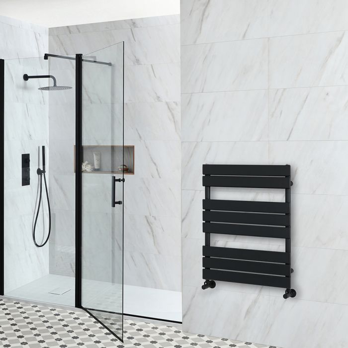 Milano Lustro - Designer Matt Black Flat Panel Heated Towel Rail - 825mm x 600mm