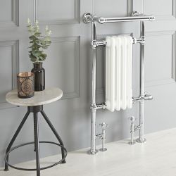 Milano Elizabeth - White Traditional Dual Fuel Heated Towel Rail - 930mm x 450mm (With Overhanging Rail) - Choice of Wi-Fi Thermostat and Cable Cover