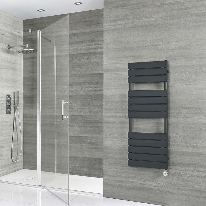 Milano Lustro Electric - Designer Anthracite Flat Panel Heated Towel Rail - 1200mm x 450mm