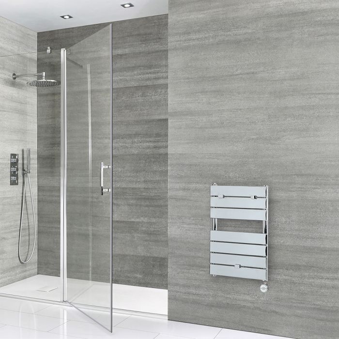 Milano Lustro Electric - Designer Chrome Flat Panel Heated Towel Rail - 620mm x 450mm
