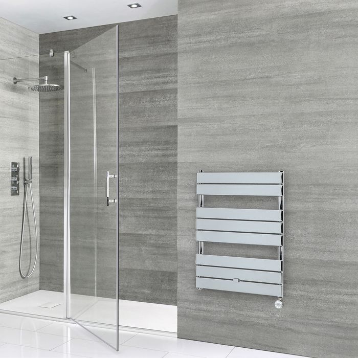 Milano Lustro Electric - Designer Chrome Flat Panel Heated Towel Rail - 840mm x 600mm
