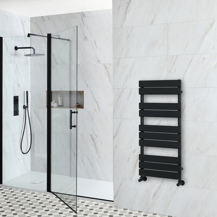 Milano Lustro - Designer Black Flat Panel Heated Towel Rail - 975mm x 450mm