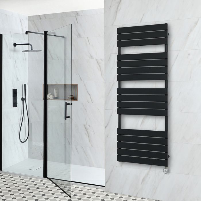 Milano Lustro Electric - Designer Black Flat Panel Heated Towel Rail - 1500mm x 600mm