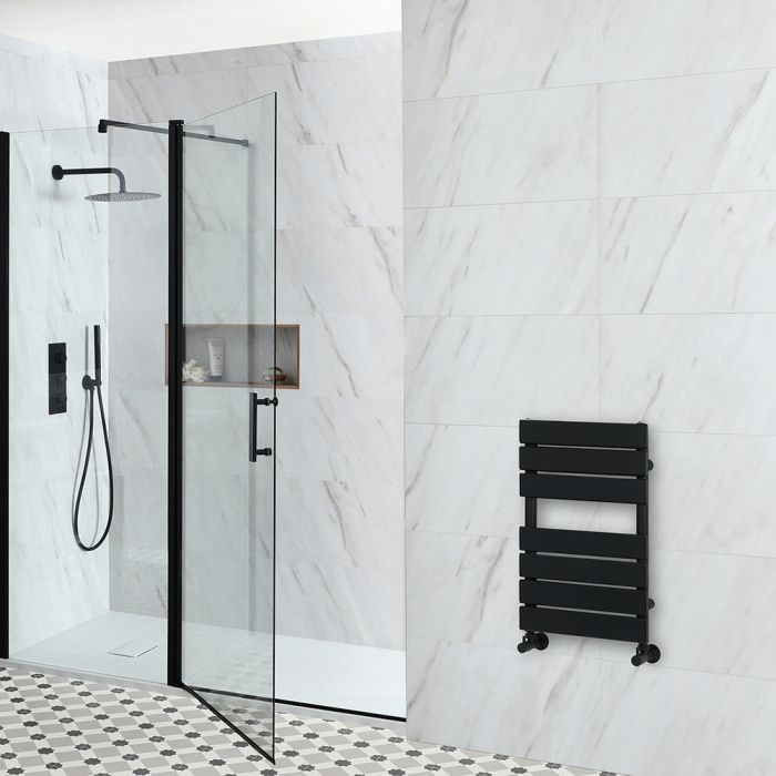 Milano Lustro - Designer Black Flat Panel Heated Towel Rail - 600mm x 400mm
