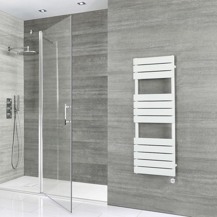 Milano Lustro Electric - Designer White Flat Panel Heated Towel Rail - 1200mm x 450mm