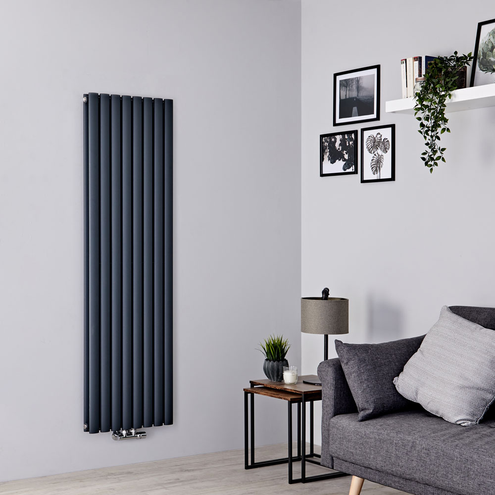 Milano Aruba Flow - Anthracite Vertical Double Panel Middle Connection Designer Radiator 1600mm x 472mm