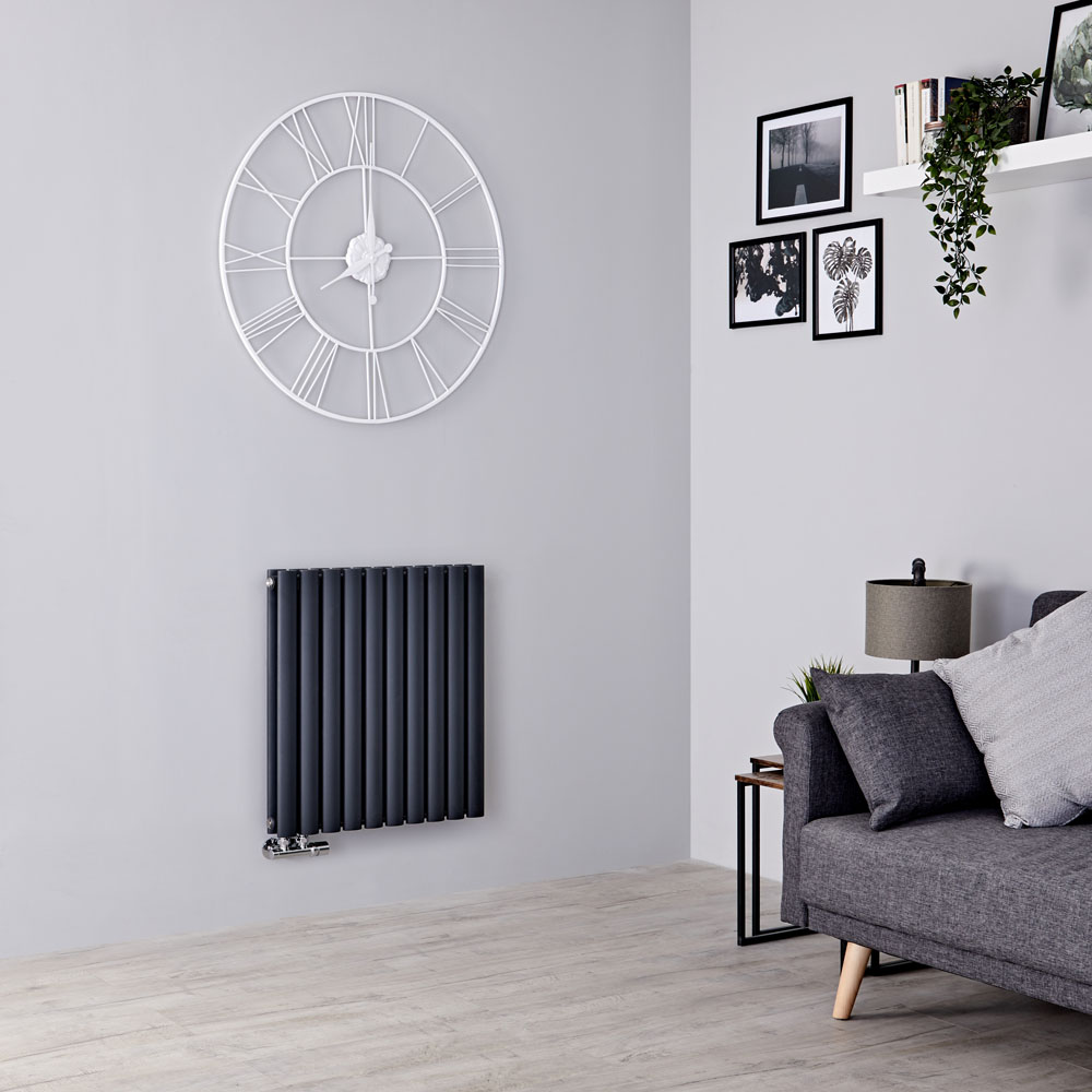 Milano Aruba Flow - Anthracite Horizontal Double Panel Middle Connection Designer Radiator 635mm x 590mm