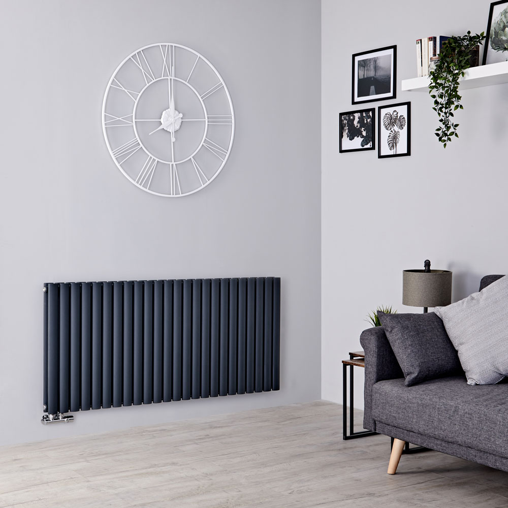 Milano Aruba Flow - Anthracite Horizontal Double Panel Middle Connection Designer Radiator 635mm x 1411mm
