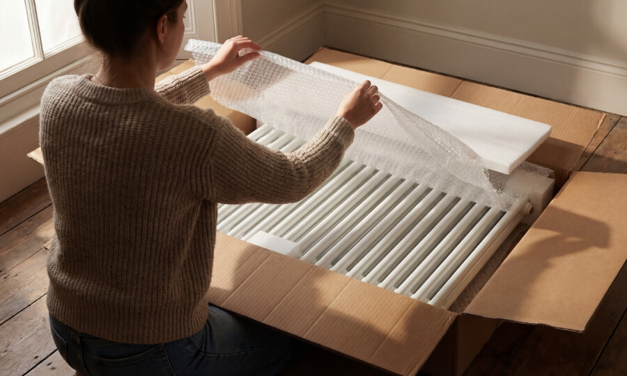 A young family carrying boxes after receiving a delivery highlighting BestHeating's committment to hassle free delivery