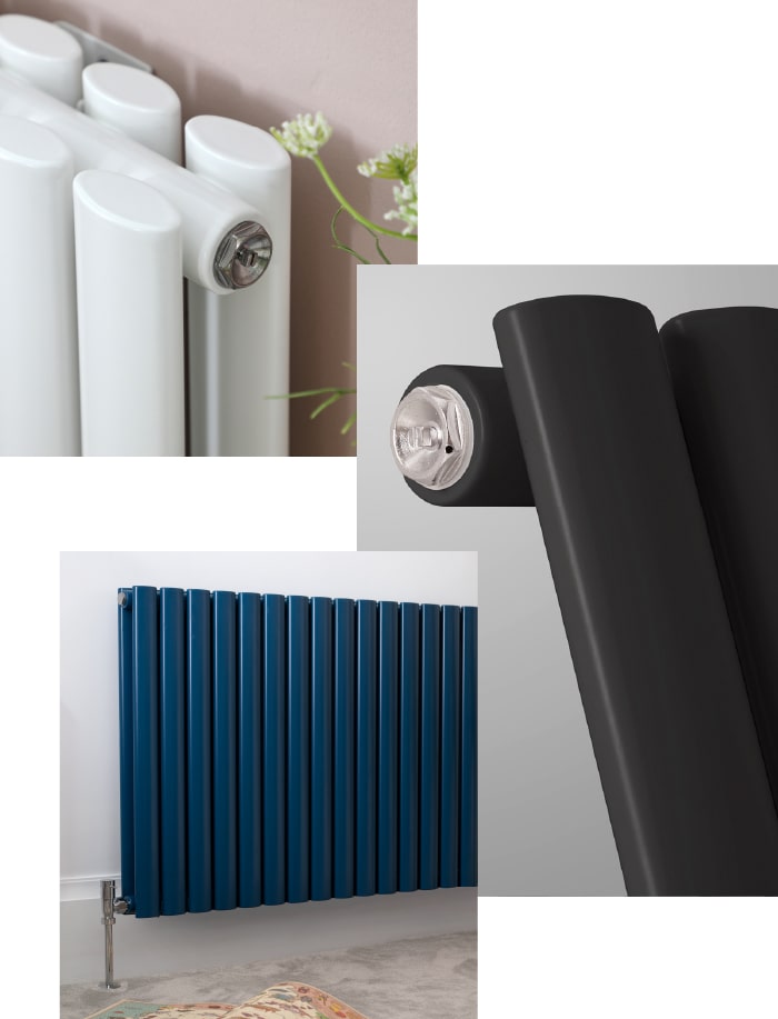 Three Milano Aruba radiator styles in white blue and black